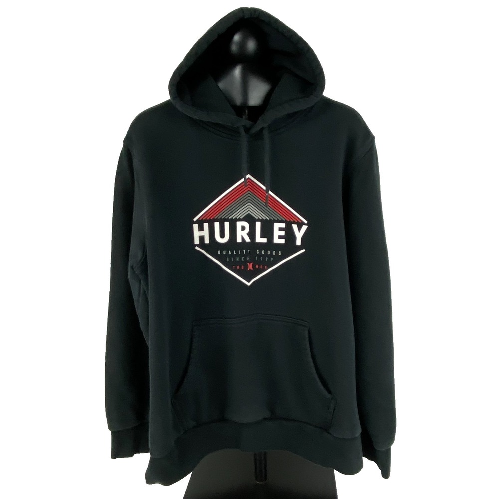 Hurley Hoodie Sweatshirt Mens L Black Cotton Fleece Long Sleeves Fleece Pullover